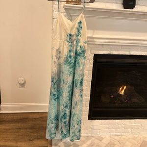 Anthropologie white, turquoise, gray abstract watercolor print dress